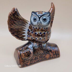 Vintage Owl On Branch Tonala Mexican Folk Art Ceramic Pottery Figurine